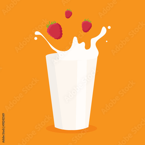 milk splash in the glass and raspberry vector illustration