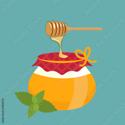 Illustration of honey pot and honey dipper with leaf. Vector