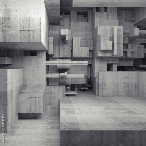 Abstract 3d concrete interior with chaotic cubes