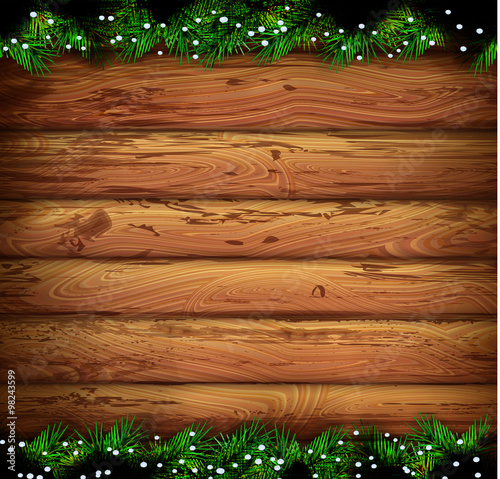 festive Christmas tree. vector border.  wooden planks background