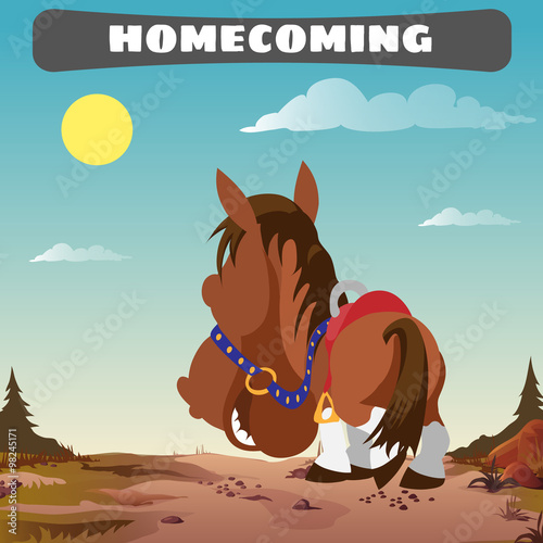 Lone horse returns home, the wild West landscape