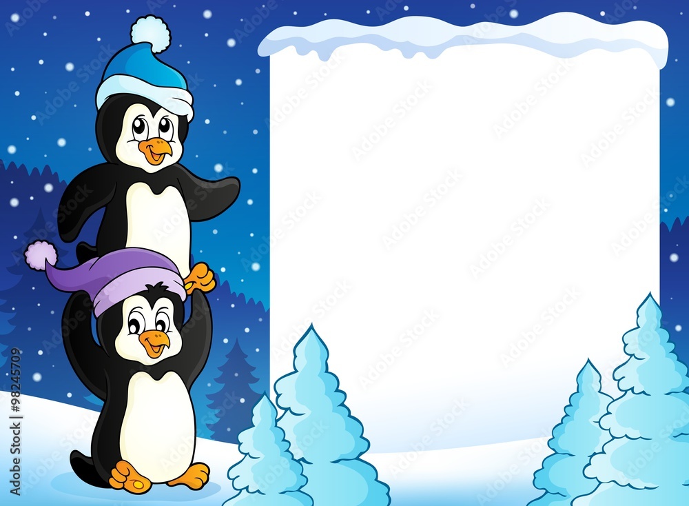 Fototapeta premium Snowy frame with penguins