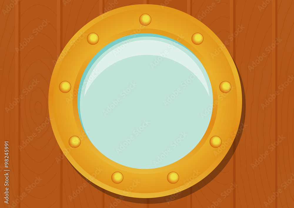 Fototapeta premium Cartoon ship porthole on wooden texture. eps10 vector illustration