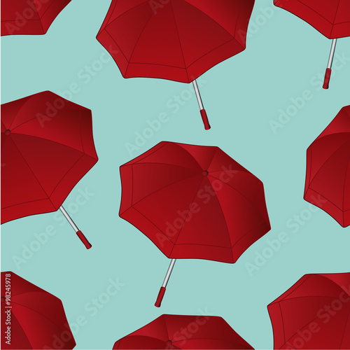 Seamless pattern with red umbrella on blue background. Vector illustration