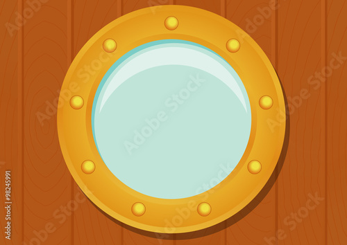 Cartoon ship porthole on wooden texture. eps10 vector illustration