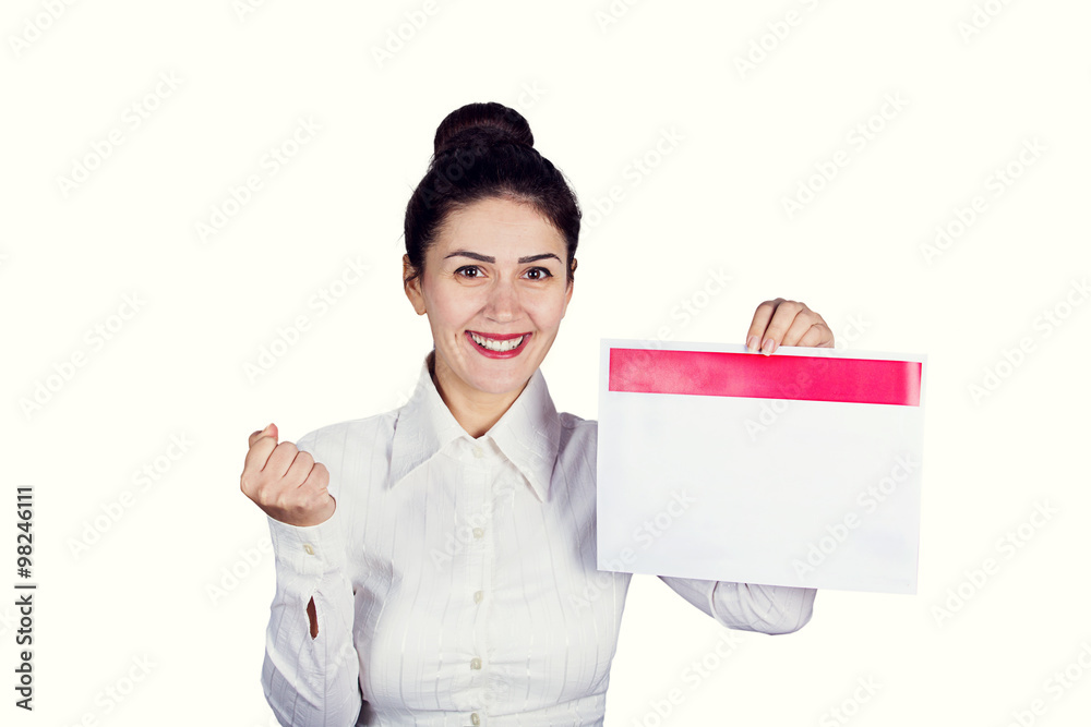 Successuful student business woman excited holding a paper.Success woman showing a white papper with a red line on on it .Excited beautiful woman isolated on white backgroun holding a paper Successuful student business woman excited holding a paper.Success woman showing a white papper with a red line on on it .Excited beautiful woman isolated on white backgroun holding a paper