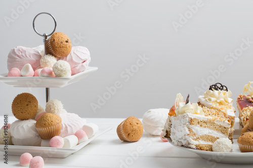  marshmallow and cake on white background