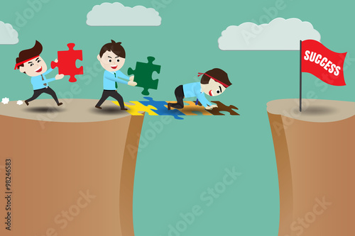 Teamwork, businessmen assembling pieces of a puzzle bridge