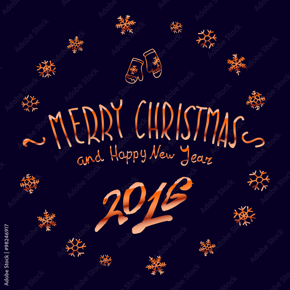 orangen glowing Merry Christmas and happy New Year 2016 lettering collection. Vector illustration