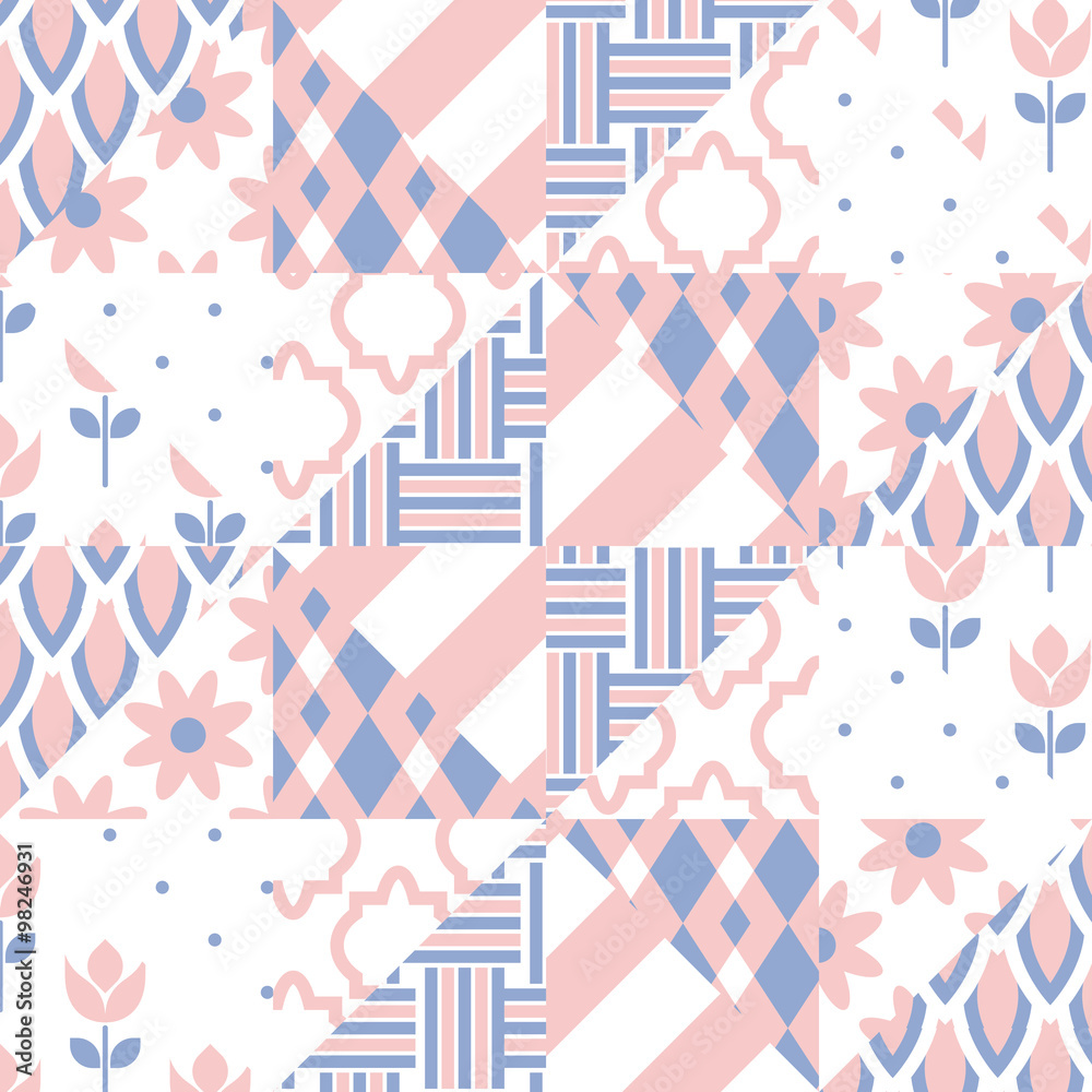 Patchwork quilt vector pattern tiles. Rose quartz and serenity violet color square and triangle tiles. Trendy colors of 2016. Chevron, tulip and twist set. Patchwork quilt vector pattern tiles. Rose quartz and serenity violet color square and triangle tiles. Trendy colors of 2016. Chevron, tulip and twist set.