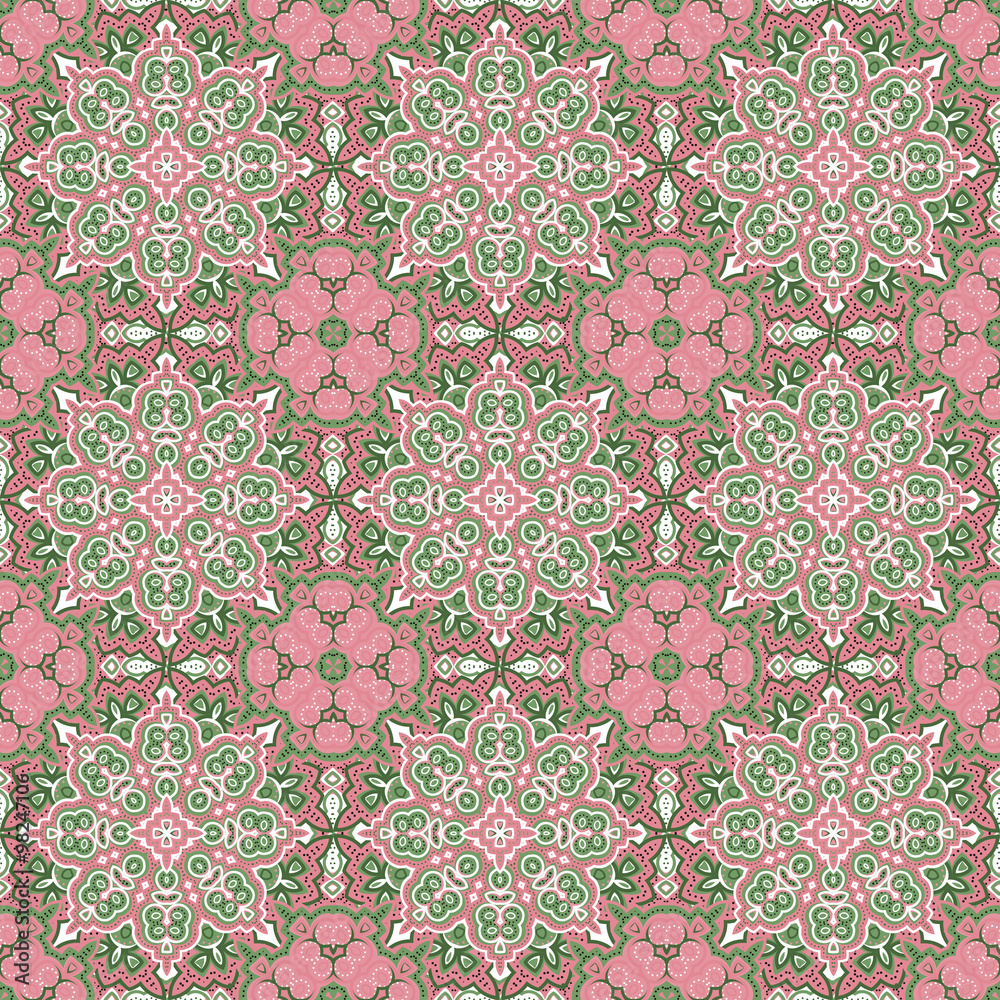 Seamless vector colorful pattern. East ornament colorful details on the turquoise background. Tracery of mandalas for textile