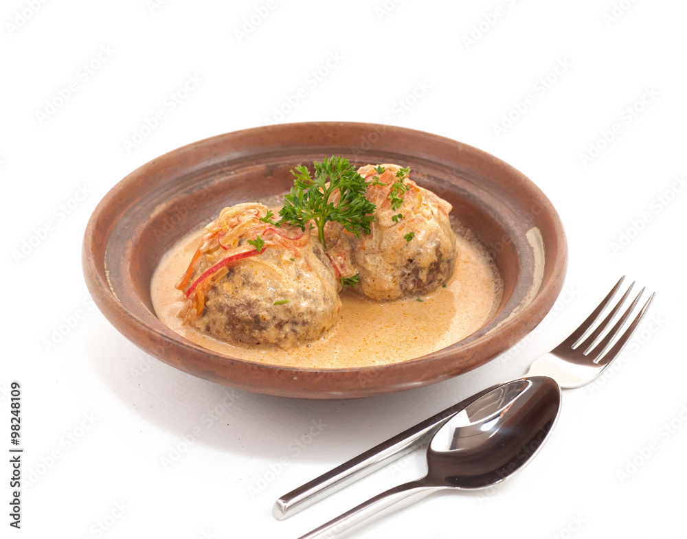 Cutlet with sauce in deep bowl isolated on white Cutlet with sauce in deep bowl isolated on white