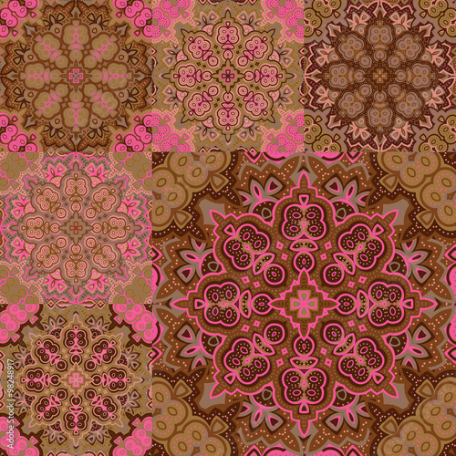 Fototapeta Naklejka Na Ścianę i Meble -  Patchwork style pattern. Seamless tile background, blue, white, Arabic, Indian patterns, Mexican talavera tiles