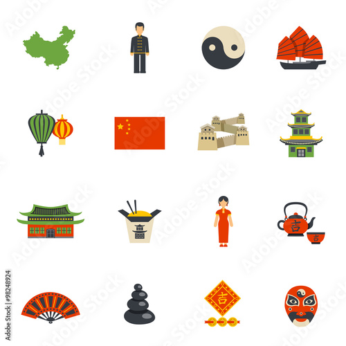 Chinese Culture Symbols Flat Icons Set