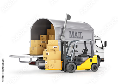 The carrier of cargo (mail) and forklift with boxes, isolated on