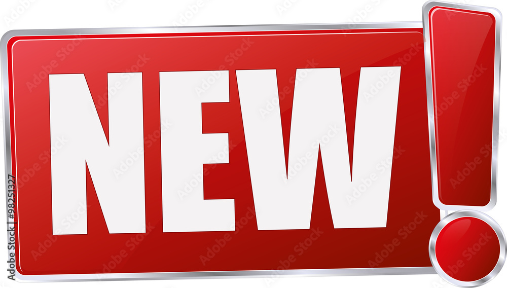 modern red new vector sign in red with metallic border and a exclamation mark
