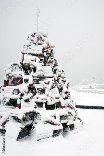 Unique Lobster Trap Christmas Tree in a New England Coastal Snowstorm 