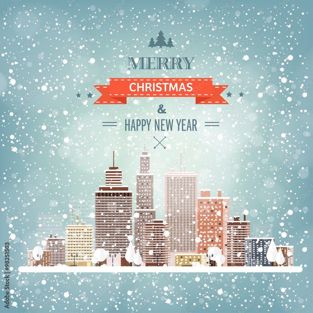 Naklejka premium Vector illustration. Winter urban landscape. City with snow. Christmas and new year. Cityscape. Buildings