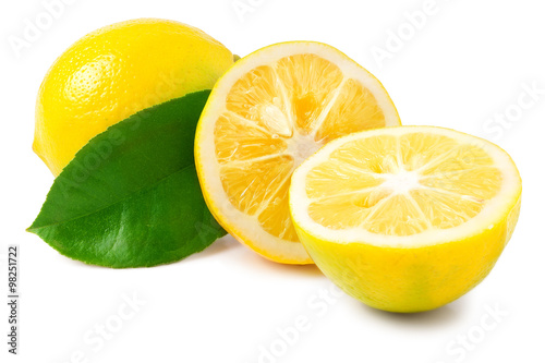 one lemon with leaves and slices on white background © kolesnikovserg