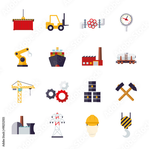 Industry icons vector set. Collection of 16 flat design industry themed vector icons