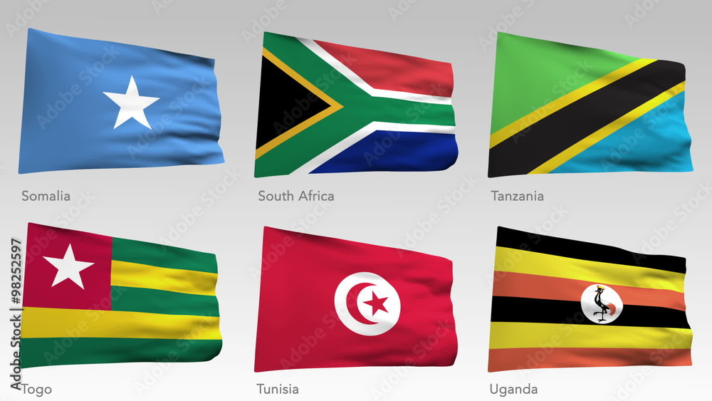 animated African flags collection with alpha channel, Somalia, South Africa, Tanzania, Togo, Tunisia, Uganda
