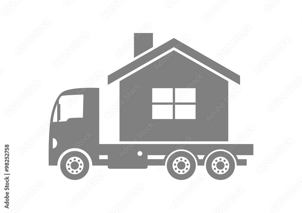 Grey truck with house on white background