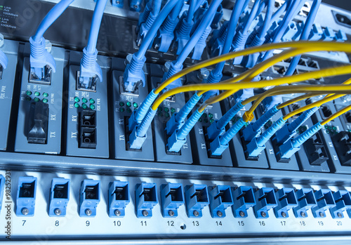 Fiber Optic cables connected to an optic ports and Network cable