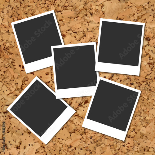 Vector cork board with scattered photo cards