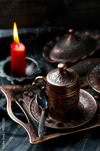 Fototapeta Naklejka Na Ścianę i Meble -  coffee in metal Turkish traditional cups