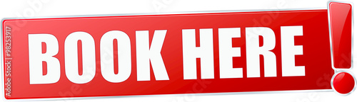 modern red book here vector sign in red with metallic border and a exclamation mark