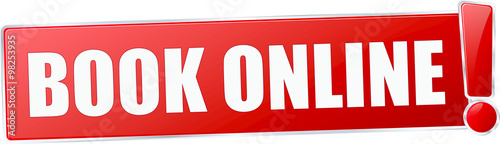 modern red book online vector sign in red with metallic border and a exclamation mark