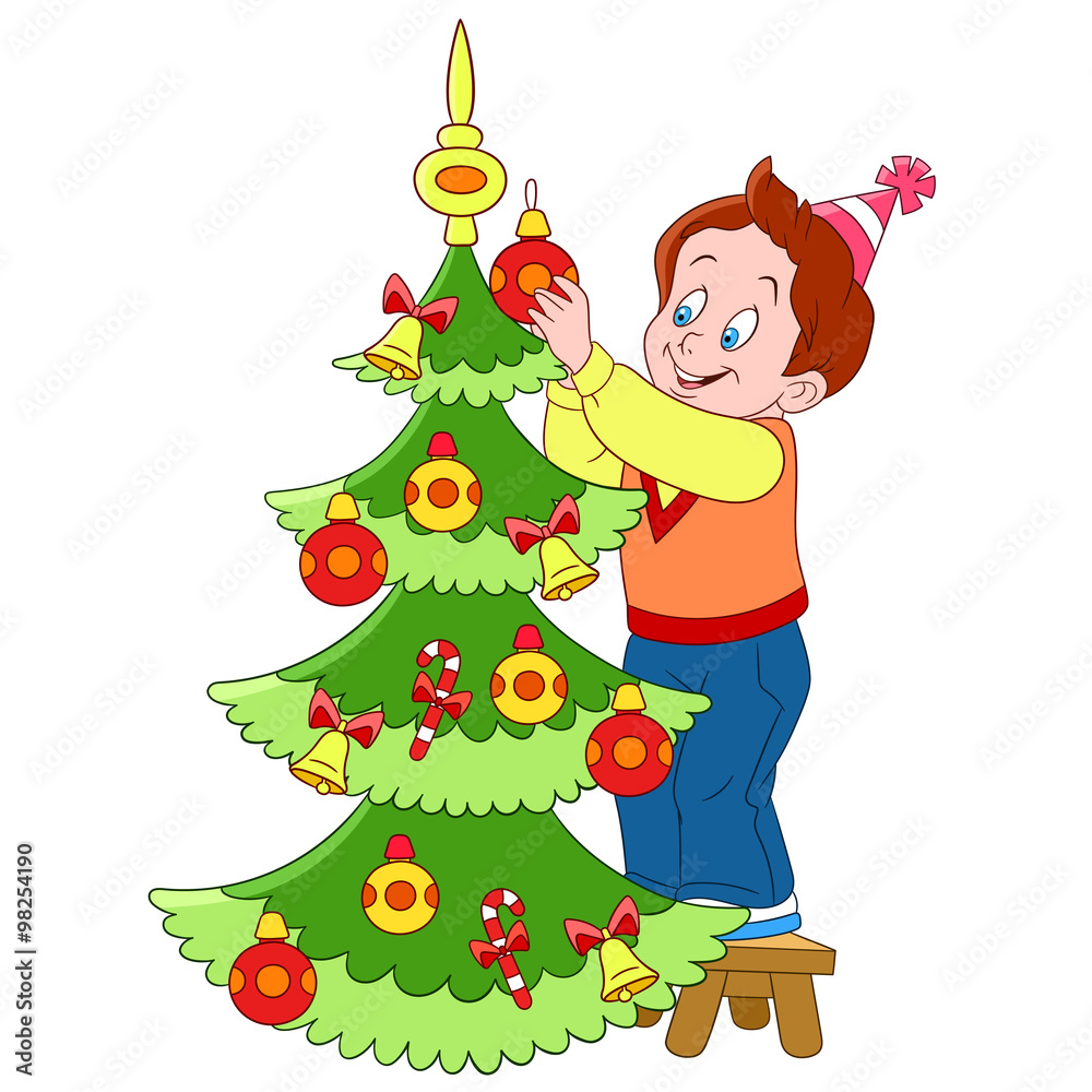 Naklejka premium cute and happy cartoon boy is decorating xmas tree