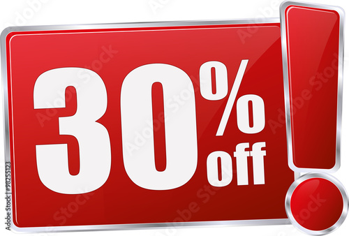 modern red 30% discount vector sign in red with metallic border and a exclamation mark