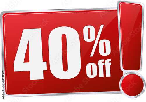 modern red 40% discount vector sign in red with metallic border and a exclamation mark