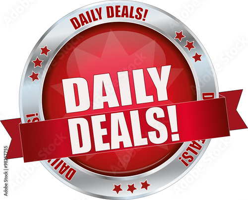DAILY DEALS / realistic modern round glossy 3D vector eps10 button ( icon / badge / tag ) in dark red with metallic border and a red banderole