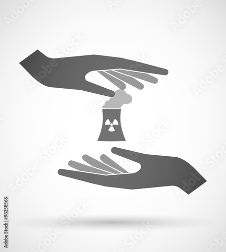 Two hands protecting or giving a nuclear power station
