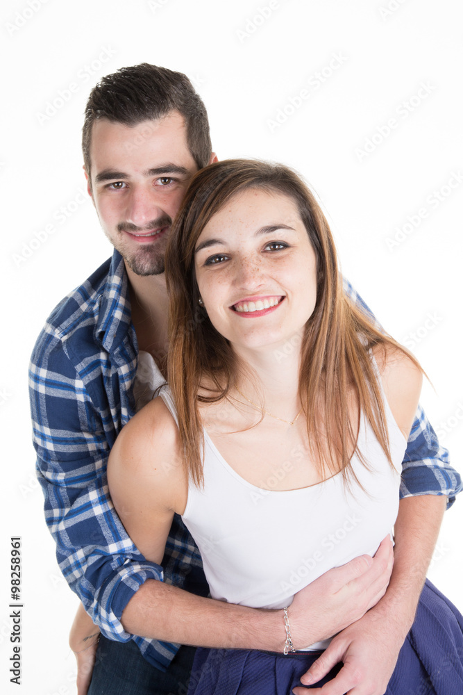 Portrait of happy couple isolated on white background. Attractive man and woman being playful. Portrait of happy couple isolated on white background. Attractive man and woman being playful.
