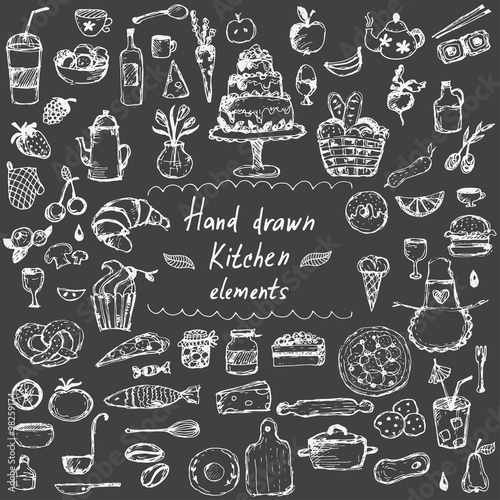 Set of hand drawn design elements for kitchen theme .Vector