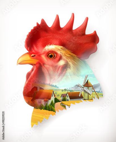 Rooster head, double exposure vector illustration