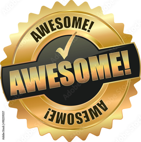 golden shiny vintage awesome 3D vector icon seal sign button shield star with checkmark photo