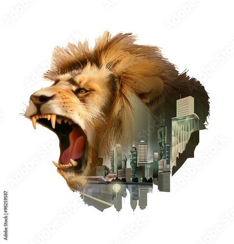 Fototapeta Naklejka Na Ścianę i Meble -  Roaring lion head, double exposure vector illustration