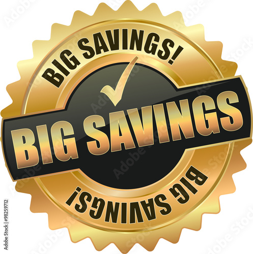 golden shiny vintage big savings 3D vector icon seal sign button shield star with checkmark