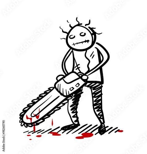 Psycho Killer, a hand drawn vector doodle illustration of a psychopath killer wielding a chainsaw with blood dripping from it.