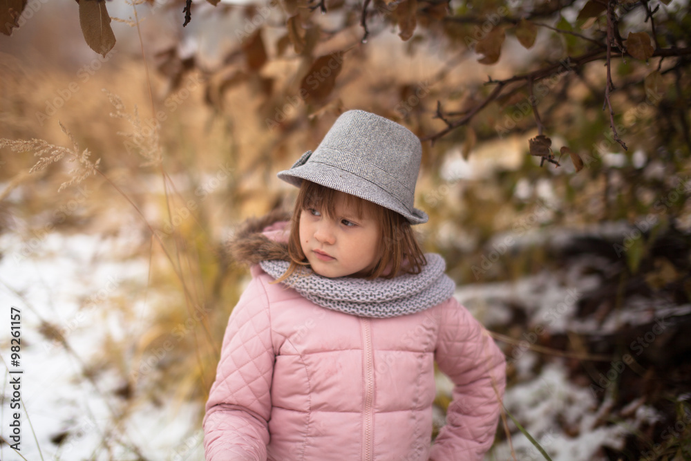 Long shaggy girl in jacket, gray scarf and fedora hat Long shaggy girl in jacket, gray scarf and fedora hat