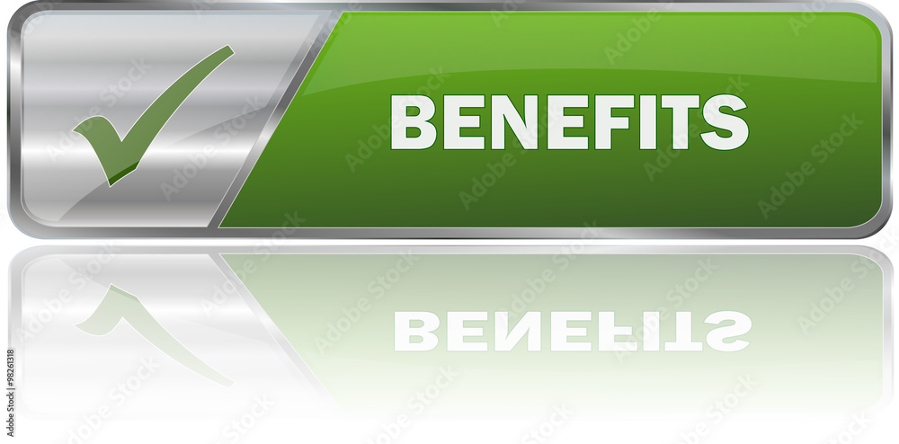 BENEFITS / realistic modern glossy 3D vector eps banner in green with metallic border and checkmark BENEFITS / realistic modern glossy 3D vector eps banner in green with metallic border and checkmark