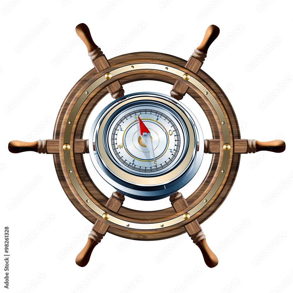 Altes Steuerrad mit Kompass, freigestellt Stock Illustration