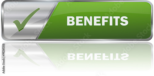 BENEFITS / realistic modern glossy 3D vector eps banner in green with metallic border and checkmark
