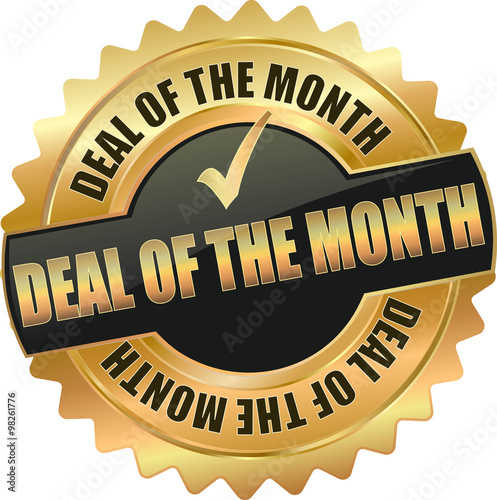 golden shiny vintage deal of the month 3D vector icon seal sign button shield star with checkmark
