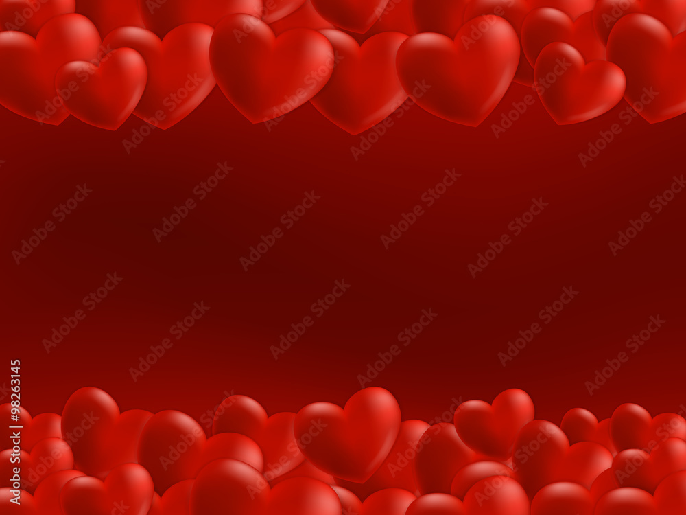 Scattered hearts on top and bottom. Vector background for Valentines day greeting card.