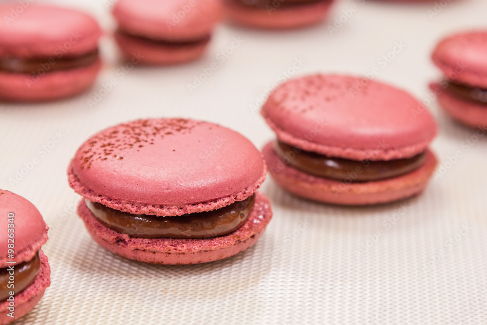 Pink macaroons with chocolate ganache Pink macaroons with chocolate ganache